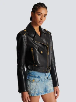 Women Balmain Zipped Leather Biker Jacket